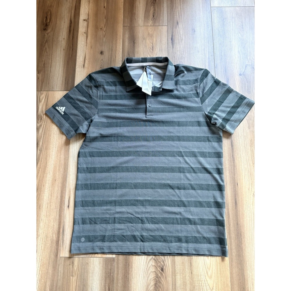 Adidas Polo Shirt Men's Medium Striped Green Gray Golf Short Sleeve NWT